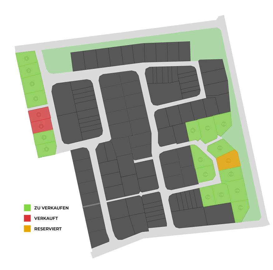 Lageplan des Baugebiets Ziegenberg mit nummerierten Grundstücken und farblicher Kennzeichnung für verfügbare, verkaufte und reservierte Flächen.