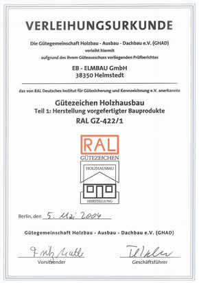 Verleihungsurkunde über ein Gütezeichen im Holzhausbau