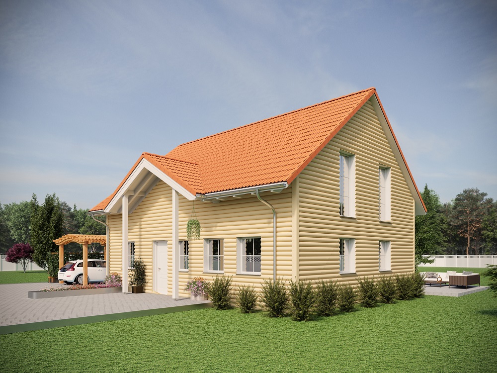 Holzrahmenhaus Aktionshaus Stadthaus namens Mariehamn bauen für eine Familie mit begehbarem Kleiderschrank und Sauna möglich im Blockhaus Design