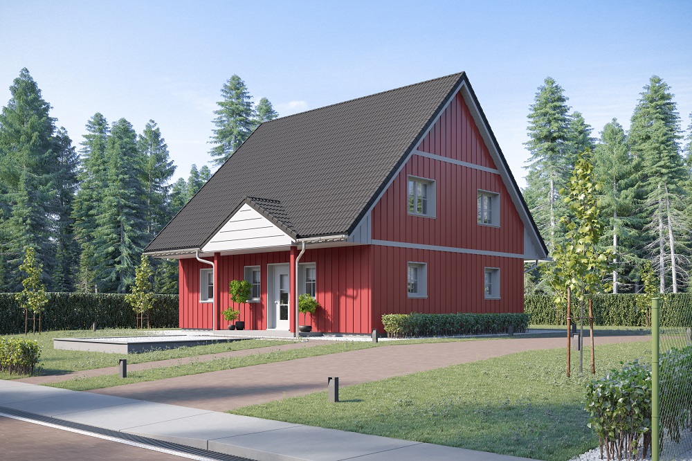 Holzrahmenhaus Aktionshaus Bungalow namens Kopenhagen für eine Familie bauen mit Gästezimmer / Hobbyzimmer und begehbarer Kleiderschrank, überdachter Eingangsbereich und Sauna ist möglich im Skandinavisches Design
