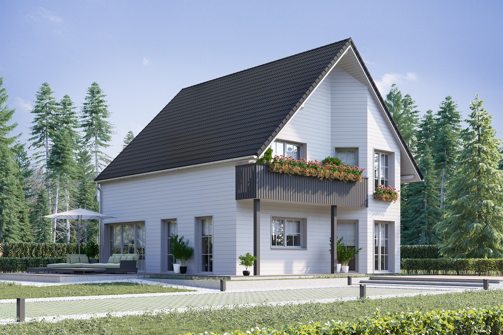 Holzrahmenhaus Aktionshaus Stadthaus namens Salzburg für eine Familie bauen mit großen Fenstern, Balkon und Sauna möglich im Alpen Design