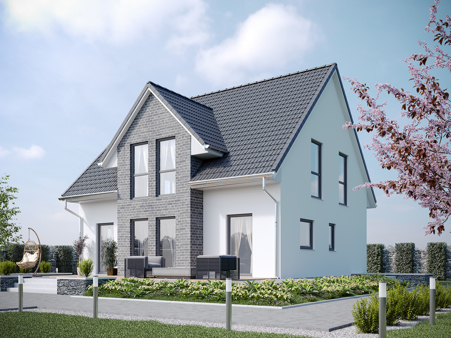 Großzügiges Dreigiebelhaus Rügen mit großen Fenstern für eine große Familie mit 4 Schlafzimmer und begehbarem Kleiderschrank als Holzrahmenhaus (Fertighaus) oder Massivhaus Hausbau in  Braunschweig, Königslutter, Gifhorn, Peine, Wolfsburg, Salzgitter und Wolfenbüttel.