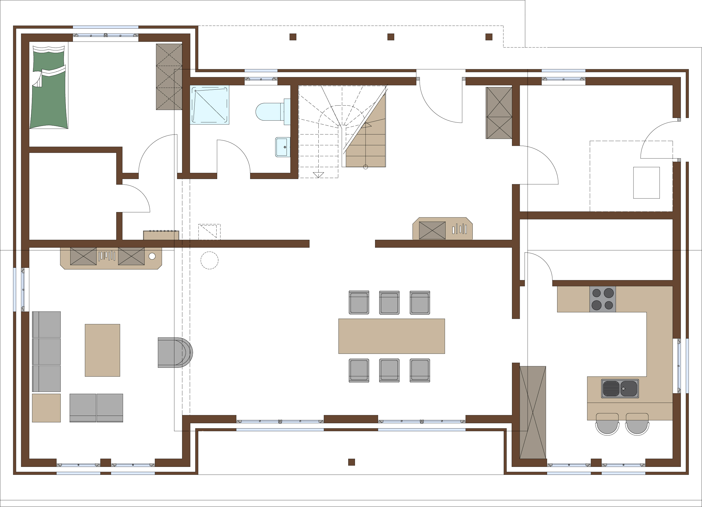 Grundriss Erdgeschoss für Holzrahmenhaus Aktionshaus Stadtvilla namens Miami für eine Familie bauen mit Gästezimmer / Hobbyzimmer und begehbarer Kleiderschrank, Speisekammer und eine Sauna ist möglich im Nordamerikanisches Design