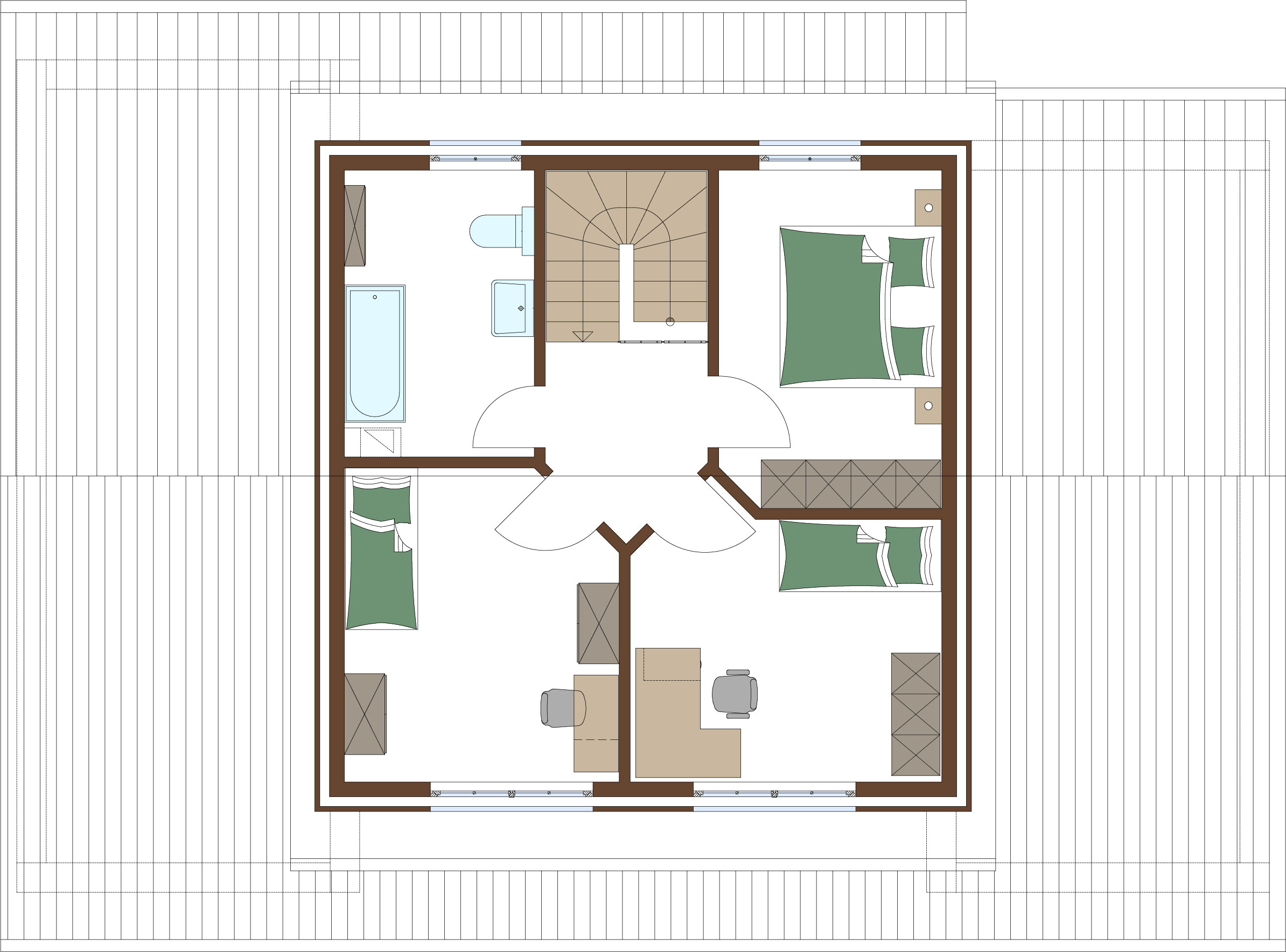 Grundriss Erdgeschoss für Holzrahmenhaus Aktionshaus Stadtvilla namens Miami für eine Familie bauen mit Gästezimmer / Hobbyzimmer und begehbarer Kleiderschrank, Speisekammer und eine Sauna ist möglich im Nordamerikanisches Design