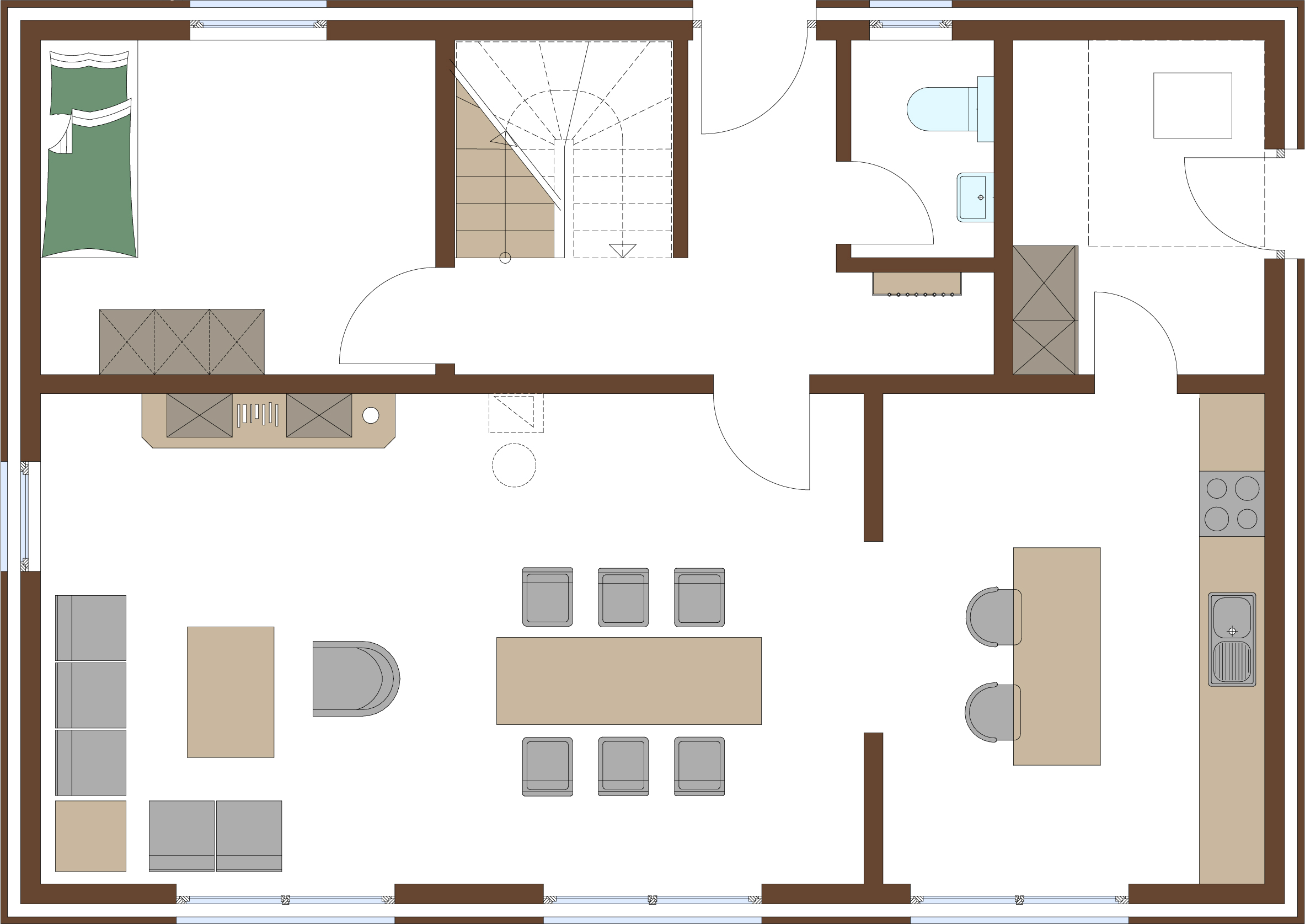 Grundriss Erdgeschoss für Holzrahmenhaus Aktionshaus Stadtvilla namens Meran für eine Familie bauen mit großen Fenstern, Gästezimmer / Hobbyzimmer und Sauna möglich im Alpen Design