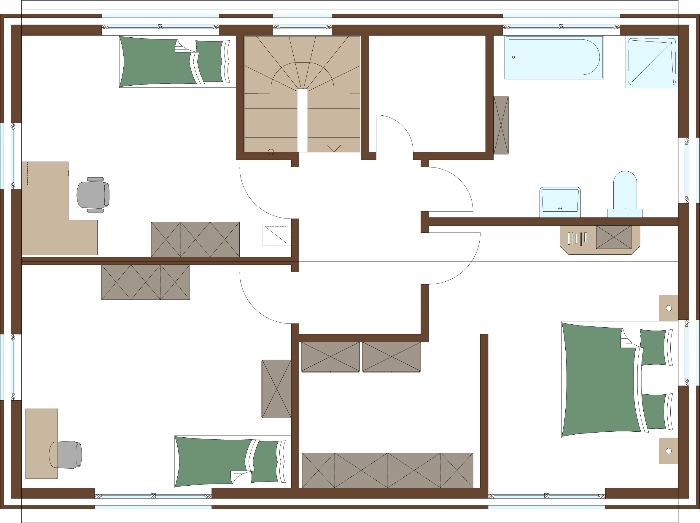Grundriss Erdgeschoss für Holzrahmenhaus Aktionshaus Stadtvilla namens Meran für eine Familie bauen mit großen Fenstern, Gästezimmer / Hobbyzimmer und Sauna möglich im Alpen Design