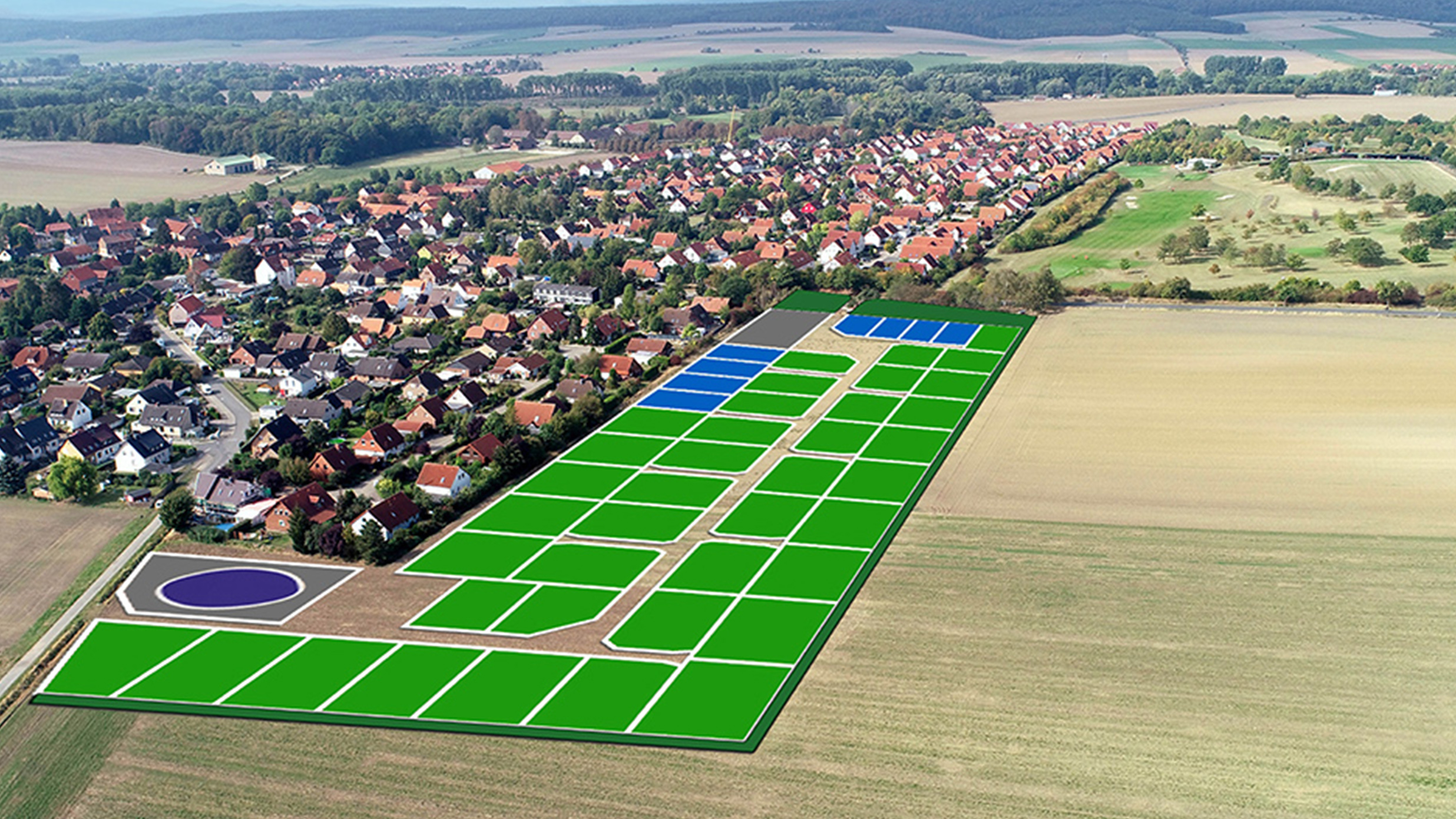 Drohnenbild des Wohnquartiers Am Staatsberg mit Lageplan