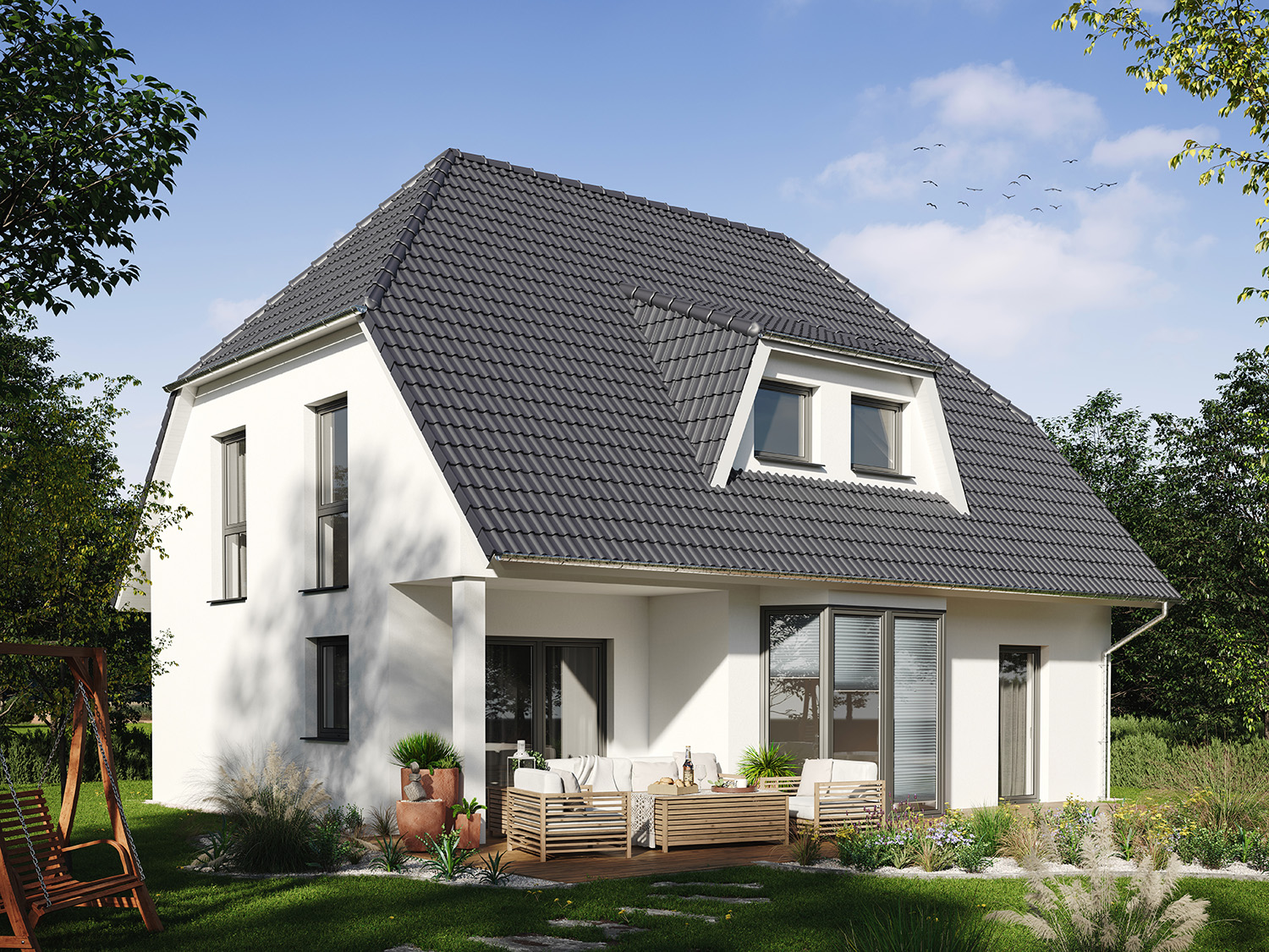 Schwabenhaus Landhaus Celle mit Giebel wunderschönem Ausblick aus dem Wohnzimmer als Holzrahmenhaus (Fertighaus) oder Massivhaus Hausbau in  Braunschweig, Königslutter, Gifhorn, Peine, Wolfsburg, Salzgitter und Wolfenbüttel.