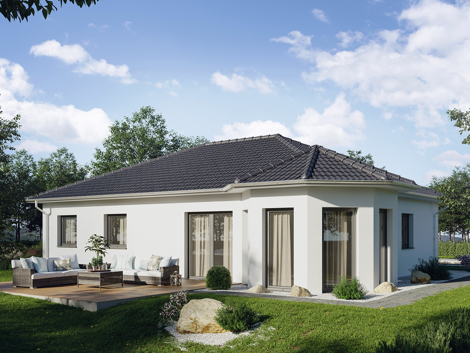Bungalow Hildesheim mit schickem Ausblick, rundem Wohnzimmer und begehbarem Kleiderschrank bauen als Holzrahmenhaus (Fertighaus) oder Massivhaus in Braunschweig, Königslutter, Gifhorn, Peine, Wolfsburg, Salzgitter und Wolfenbüttel.