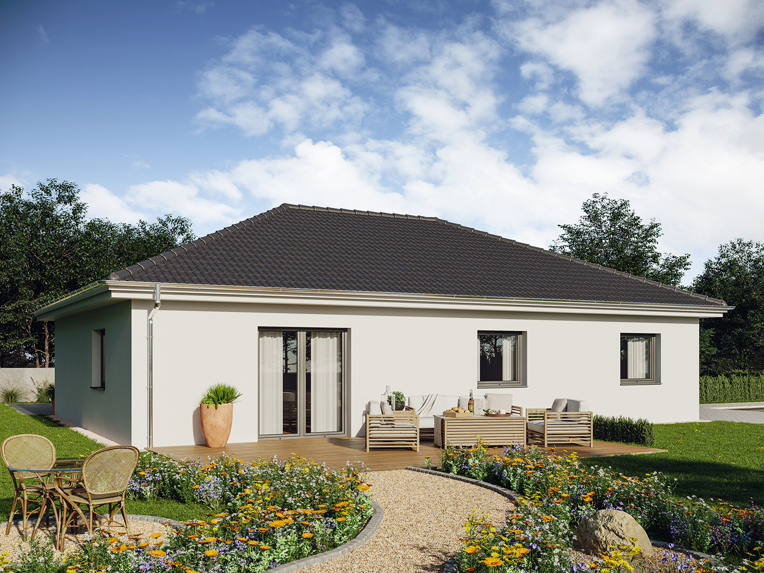 Klassisches Bungalow Königslutter für eine Familie bauen als Holzrahmenhaus (Fertighaus) oder Massivhaus in Braunschweig, Königslutter, Gifhorn, Peine, Wolfsburg, Salzgitter und Wolfenbüttel.