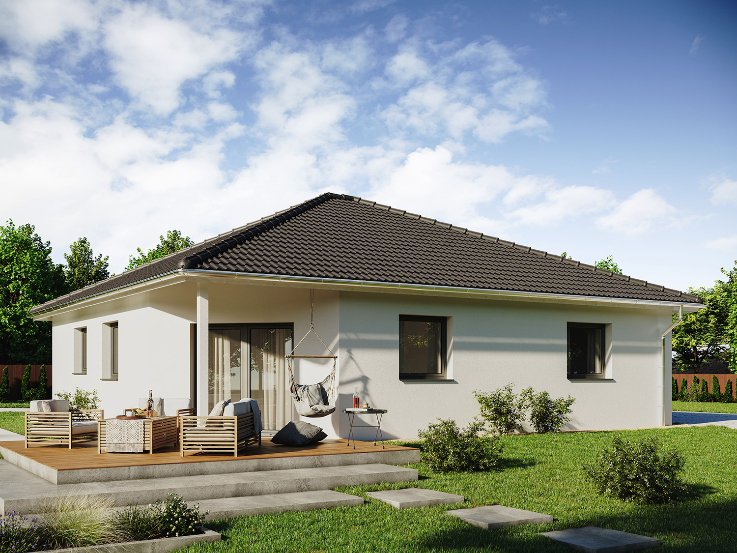 Weißes Bungalow Sorsum bauen als Holzrahmenhaus (Fertighaus) oder Massivhaus in Braunschweig, Königslutter, Gifhorn, Peine, Wolfsburg, Salzgitter und Wolfenbüttel.