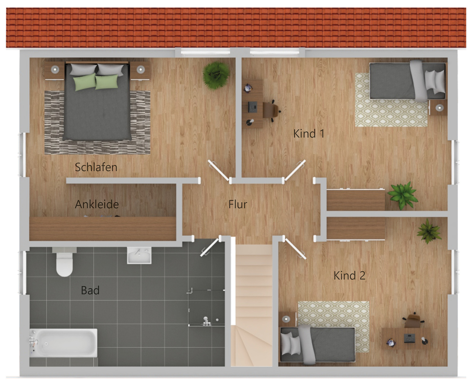 Grundriss Obergeschoss für Schwabenhaus Landhaus Celle mit Giebel wunderschönem Ausblick aus dem Wohnzimmer