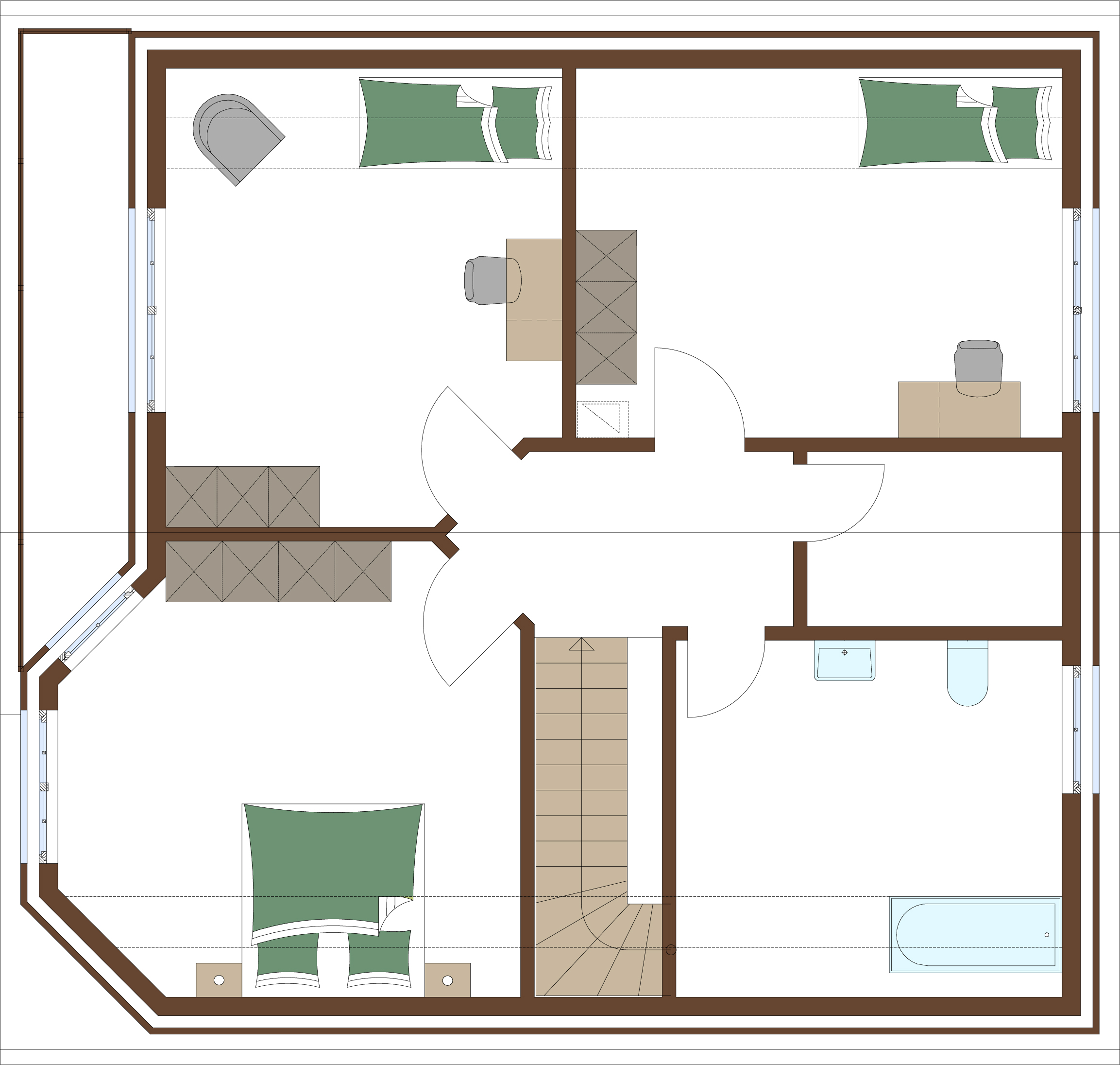 Grundriss Erdgeschoss für Holzrahmenhaus Aktionshaus Stadthaus namens Salzburg für eine Familie bauen mit großen Fenstern, Balkon und Sauna möglich im Alpen Design