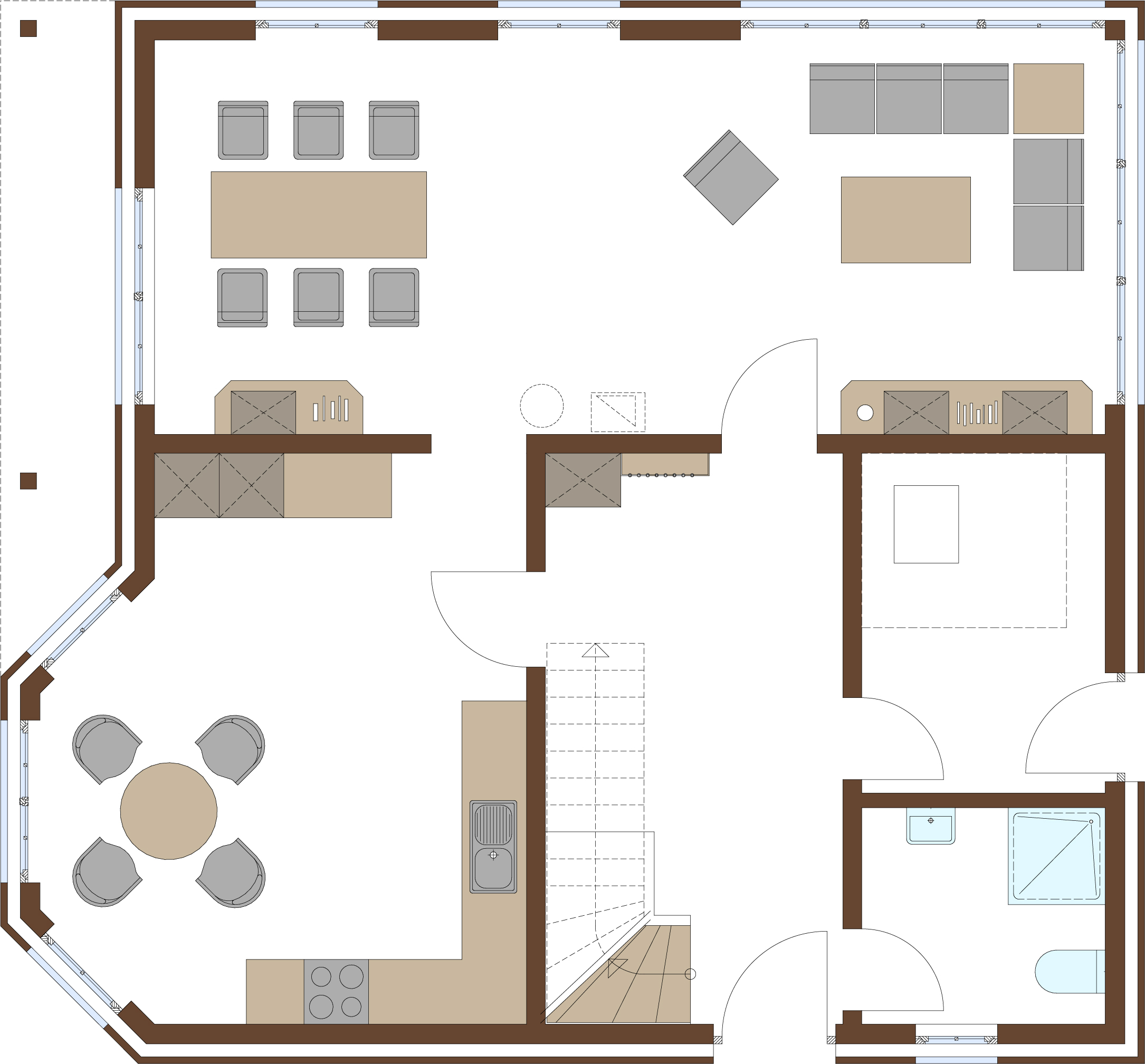 Grundriss Erdgeschoss für Holzrahmenhaus Aktionshaus Stadthaus namens Salzburg für eine Familie bauen mit großen Fenstern, Balkon und Sauna möglich im Alpen Design