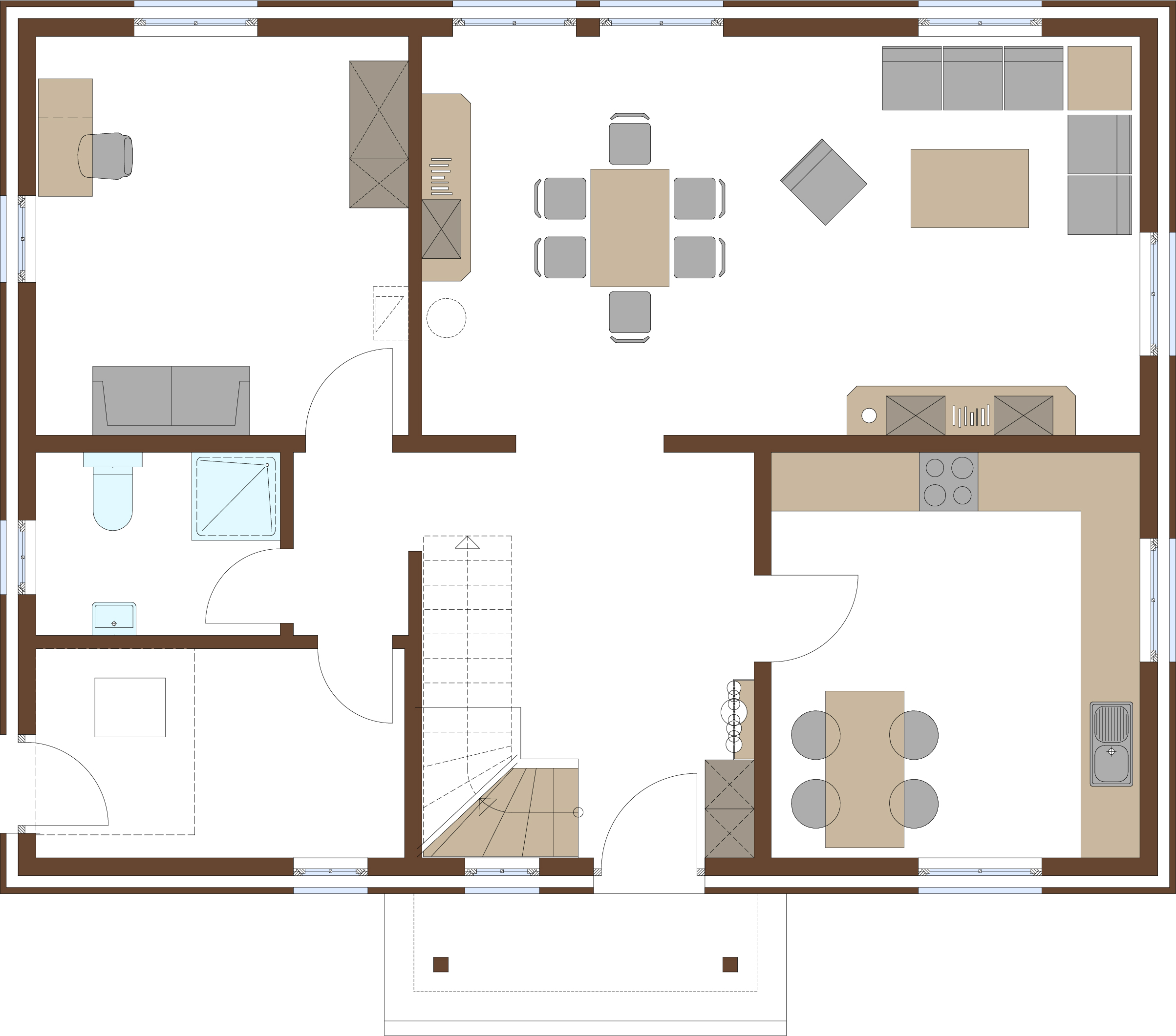 Grundriss Erdgeschoss für Holzrahmenhaus Aktionshaus Stadthaus namens Stockholm für eine Familie bauen mit Gästezimmer / Hobbyzimmer und begehbarer Kleiderschrank, überdachter Eingangsbereich und Sauna ist möglich im Skandinavisches Design