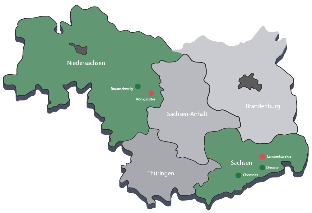 Landkarte mit Standorten der Geschäftsstellen und Bürogebäude der Elm Bau