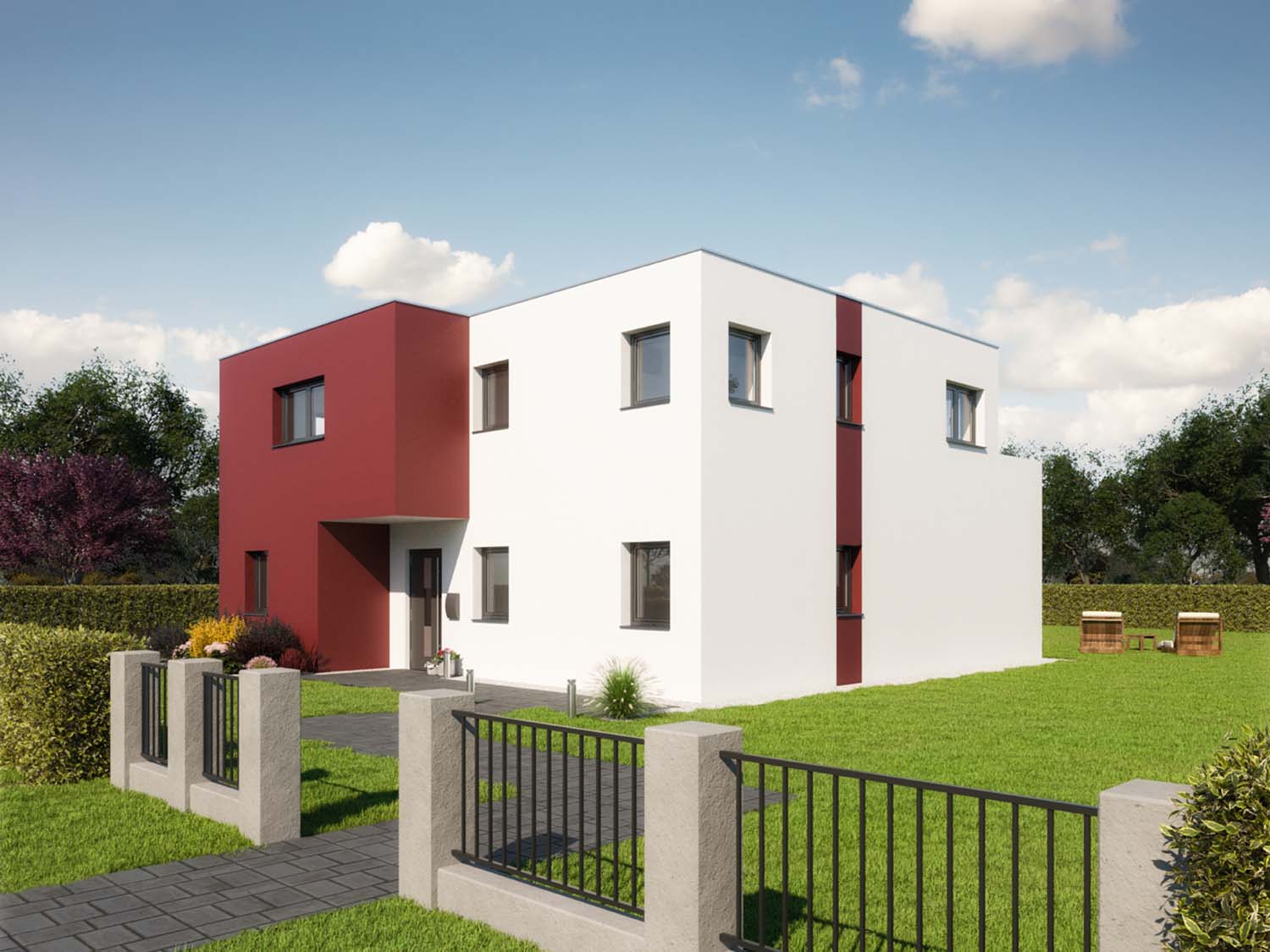 Kubus Haus mit roter Fassade in der Straßenansicht